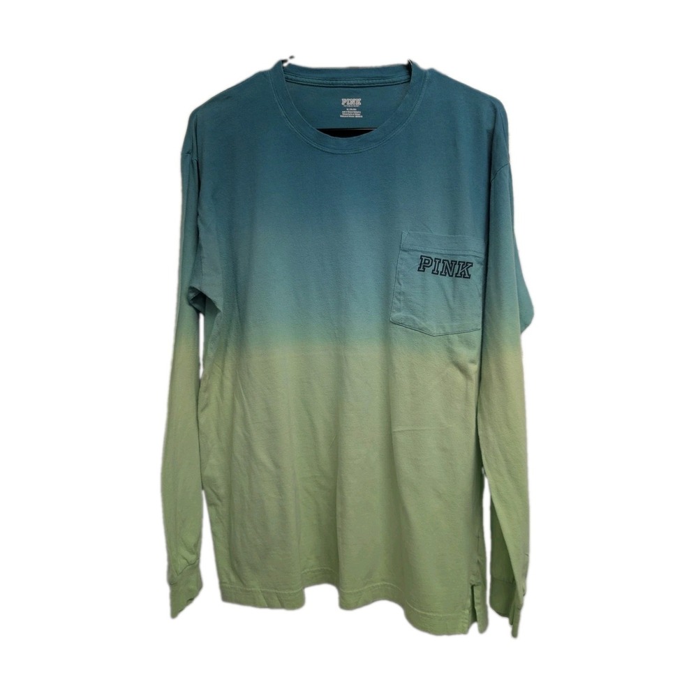 PINK Victoria's Secret Ombre Long Sleeve Pocket T-Shirt Green Blue Size M